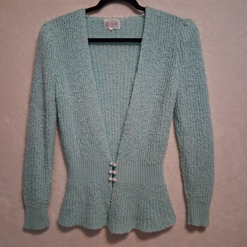Vintage 1970s Large Cardigan Sweater  Slub Knit Pearl Button Sea Green Retro